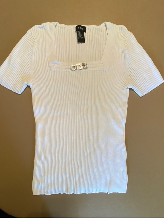 R.Q.T Tops - RQT White Ribbed Short Sleeve Square Neck Top with Hardware